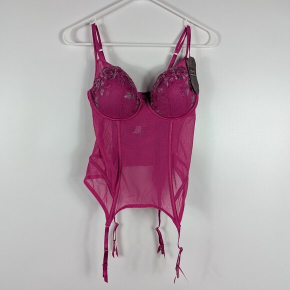 NWT Maidenform 36C Hot Pink Corset with Lace Trim and Garter Clips - Picture 1 of 9
